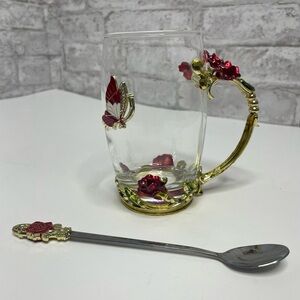ARC France Butterfly Rose Enameled Glass Jeweled Tea Cup w/ Spoon Set Red NWOT